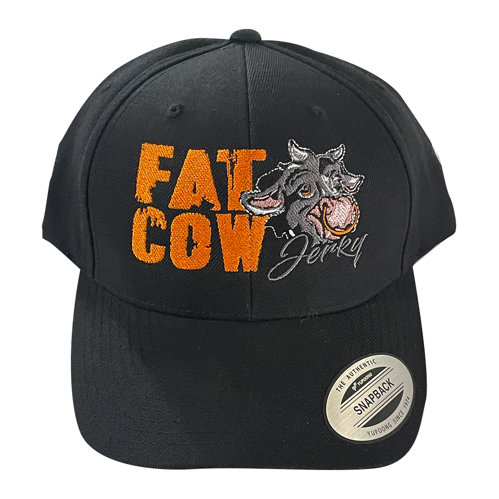 Fat Cow Jerky -  Snap Back Cap in Black - Logo on the front - Adjustable Cap - One Size Fits Most