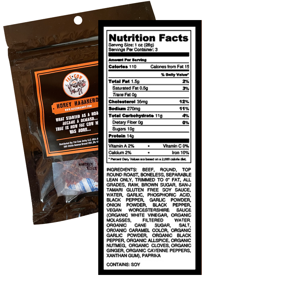 Honey Habanero / Back of the package- Fat Cow Jerky