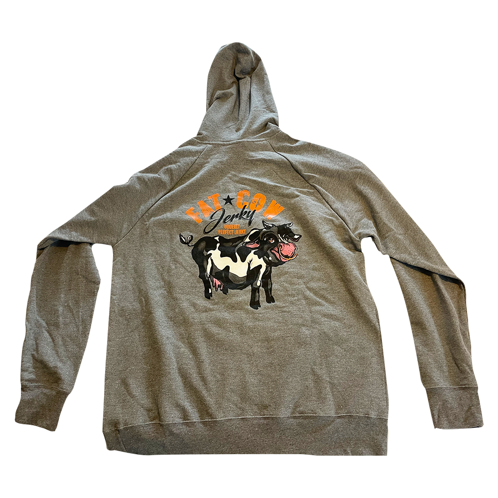 Fat Cow Jerky -  Tri-Blend Hoodie in Heather Grey  with White Draw String - Logo on the back