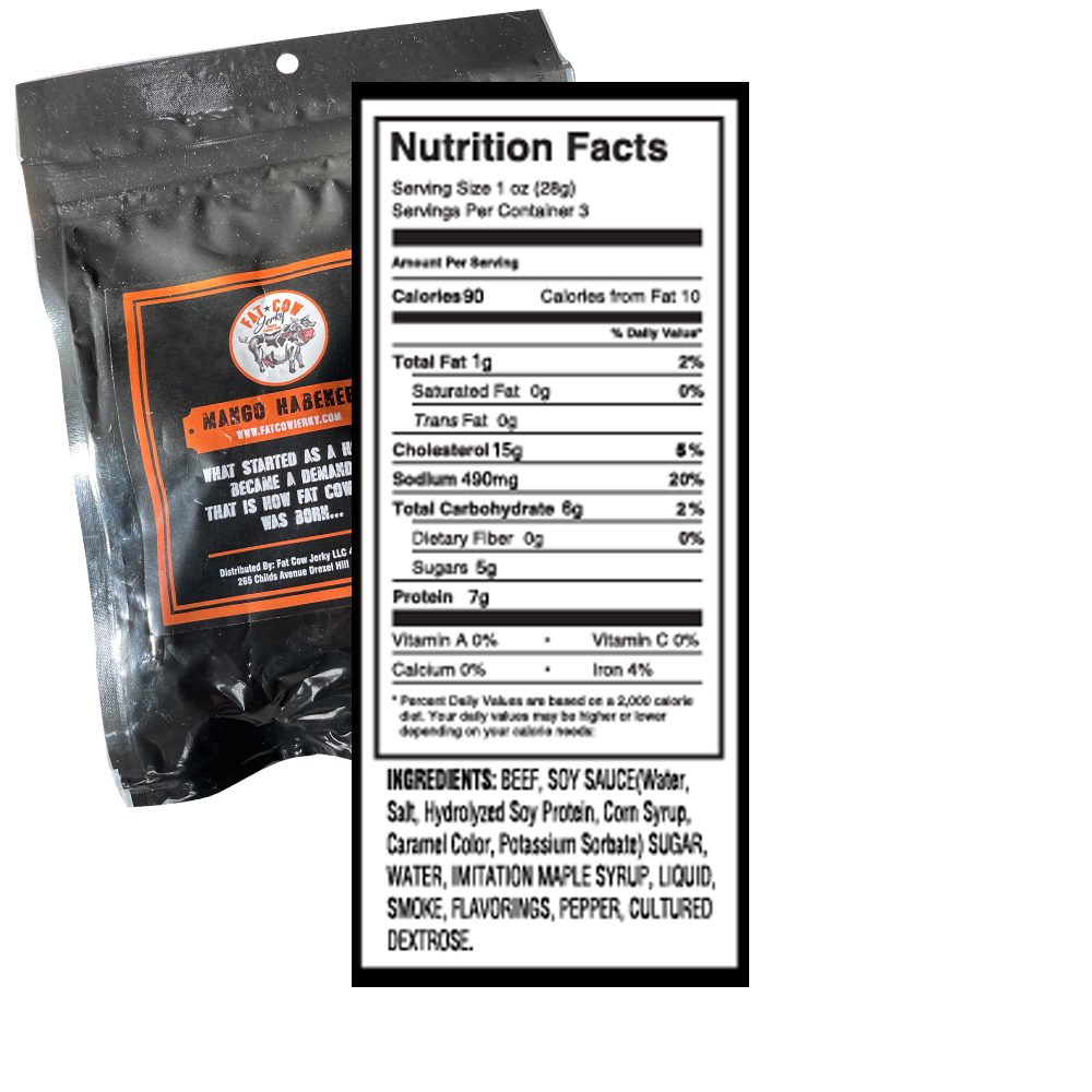 Fat Cow Jerky - Mango Habenero Jerky -Back of the package showing the nutritional information and contact into. 