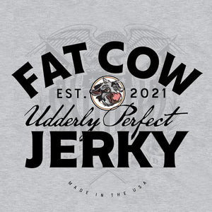 FAT COW JERKY EST. 2021 T-SHIRT - Enlarged Front Print with logo view