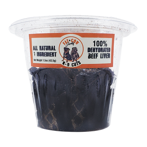  K-9 Cuts Cup - Beef Liver Flavor - 1.5oz container with reusable lid. Image features the Fat Cow logo with two dogs, ALL NATURAL INGREDIENTS - Front