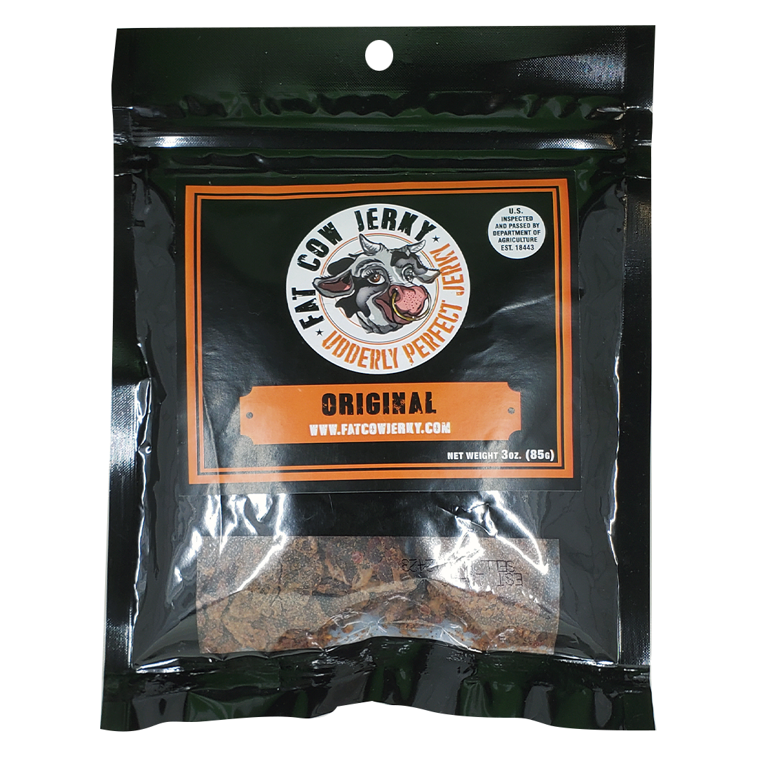 Fat Cow Jerky Original - Front of the Bag with logo and website / 3oz Bag