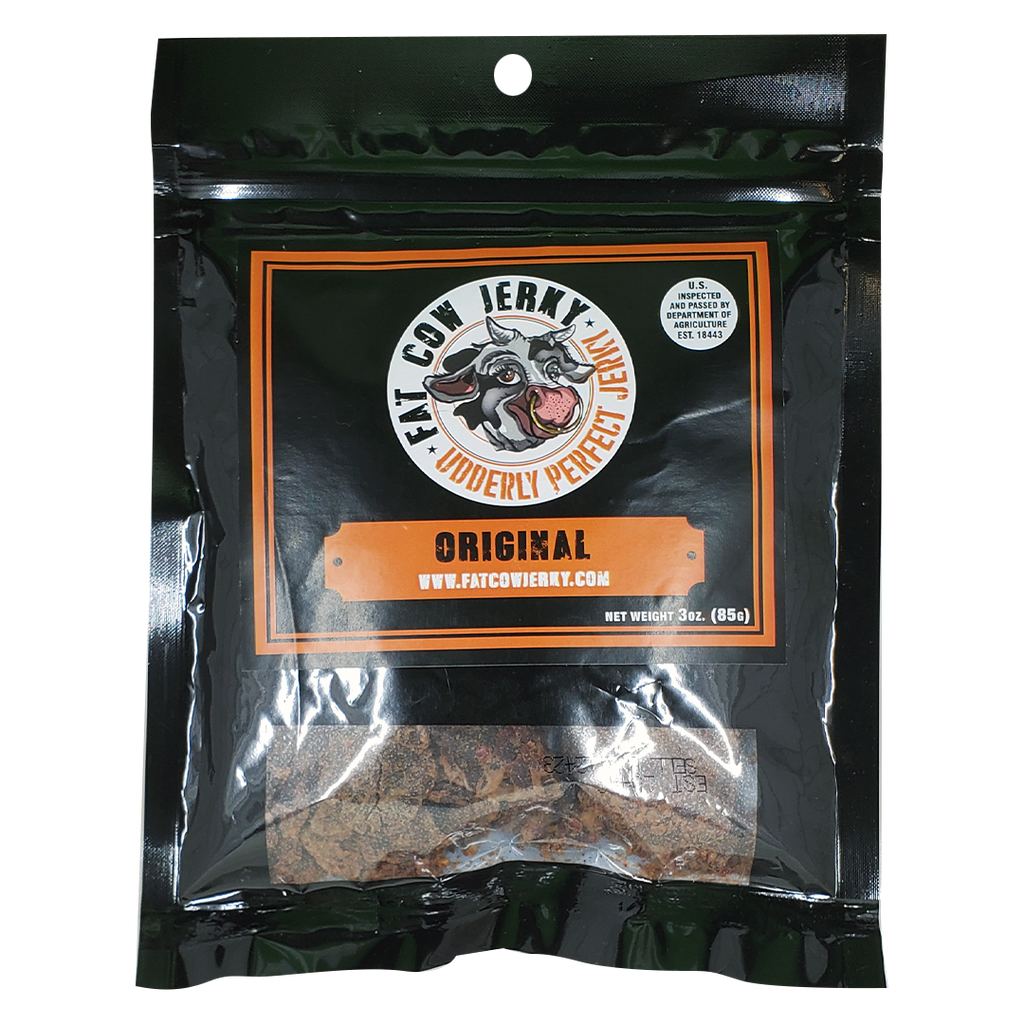 Fat Cow Jerky Original - Front of the Bag with logo and website / 3oz Bag