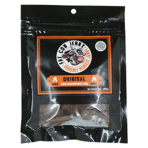 Spicy Fat Cow Jerky Original 3 oz Bag - Front with logo and website