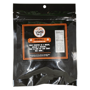 Spicy Fat Cow Jerky Original 3 oz Bag - Back with logo and website and nutritional info