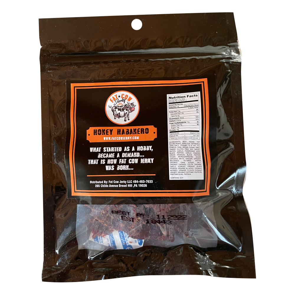 Honey Habanero / Back of the package- Fat Cow Jerky