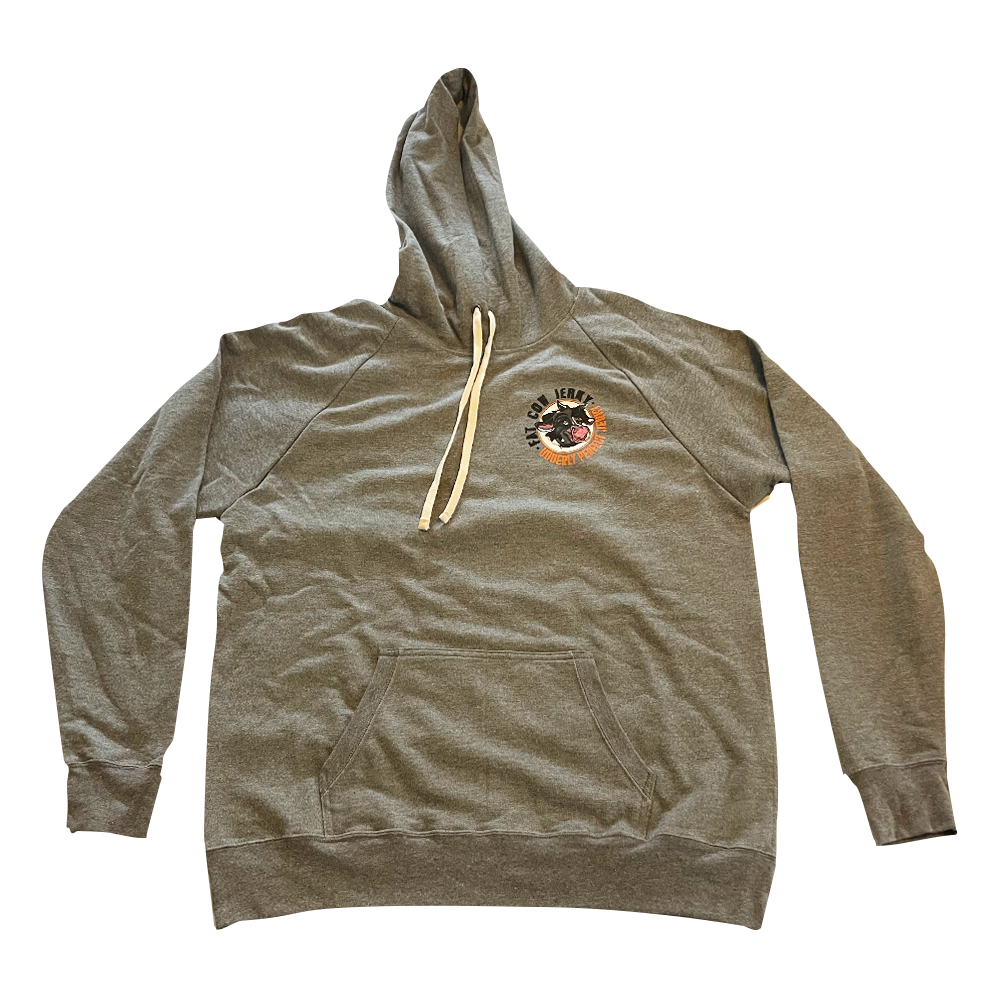 Fat Cow Jerky -  Tri-Blend Hoodie in Heather Grey  with White Draw String - Logo on the front left