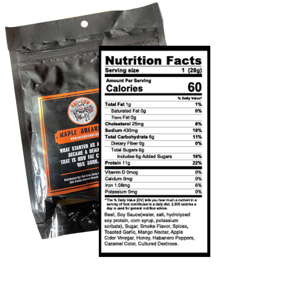 Fat Cow Jerky - Maple Breakfast Jerky -Back of the package showing the nutritional information and contact into. 