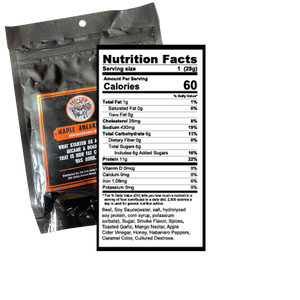 Fat Cow Jerky - Maple Breakfast Jerky -Back of the package showing the nutritional information and contact into. 