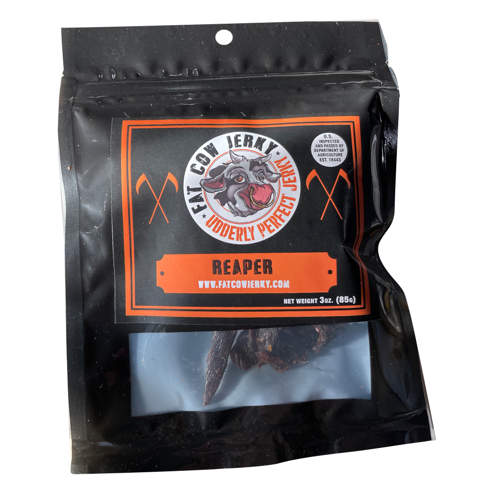 Fat Cow Jerky - Reaper -Front of the package showing a small window at the bottom making the beef jerky visible.