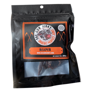 Fat Cow Jerky - Reaper -Front of the package showing a small window at the bottom making the beef jerky visible.
