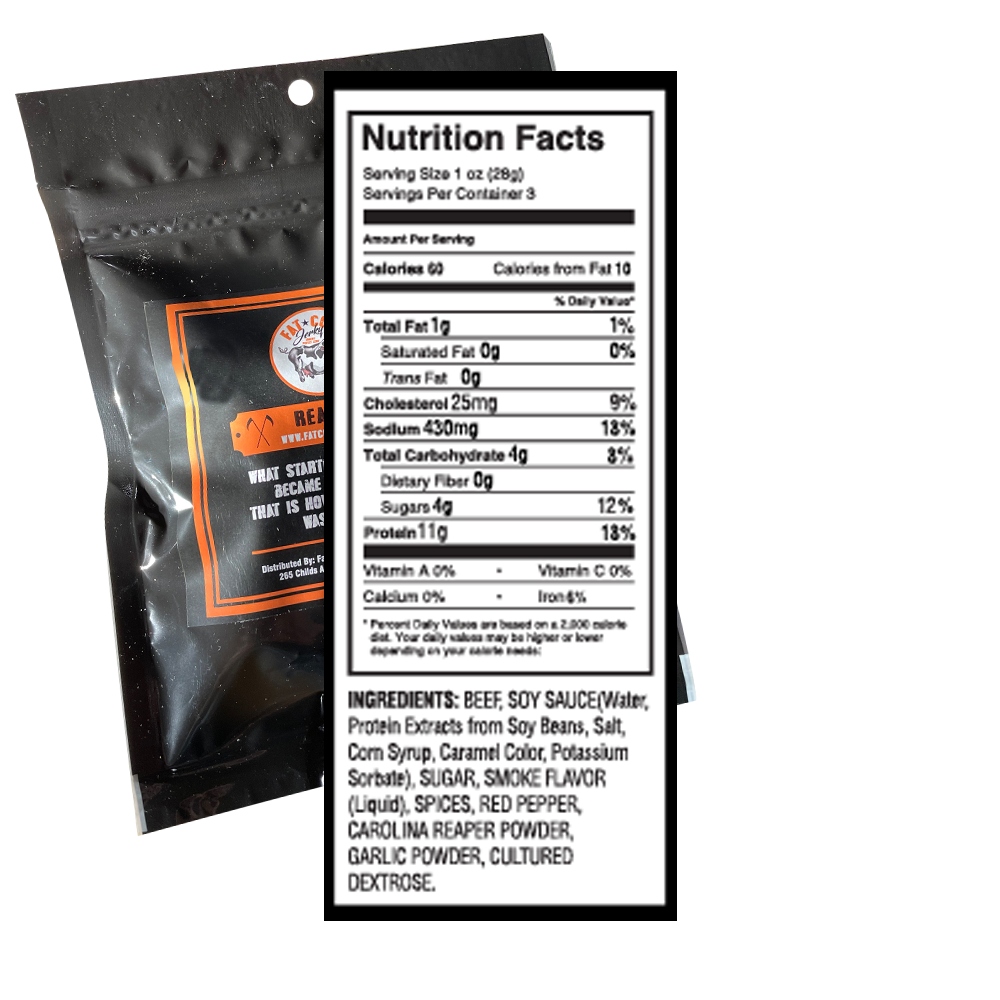 Fat Cow Jerky - Reaper  - Back of the package showing the nutritional information and contact into.