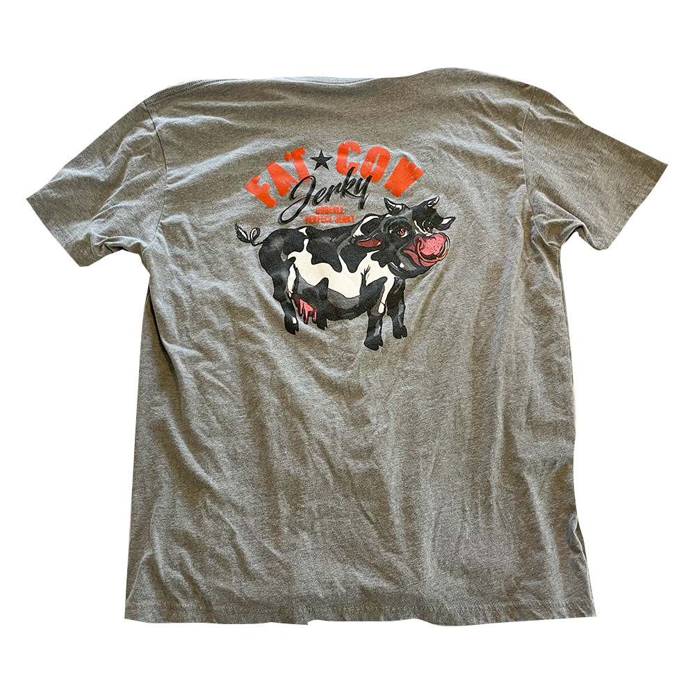 Fat Cow Jerky - Tri-Blend Tee Shirt in Heathered Grey - Logo on the back